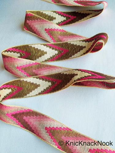 Purple / Green / Pink / Yellow / Beige, Pink And Antique Bronze Embroidered Lace Trim, Chevron Trim